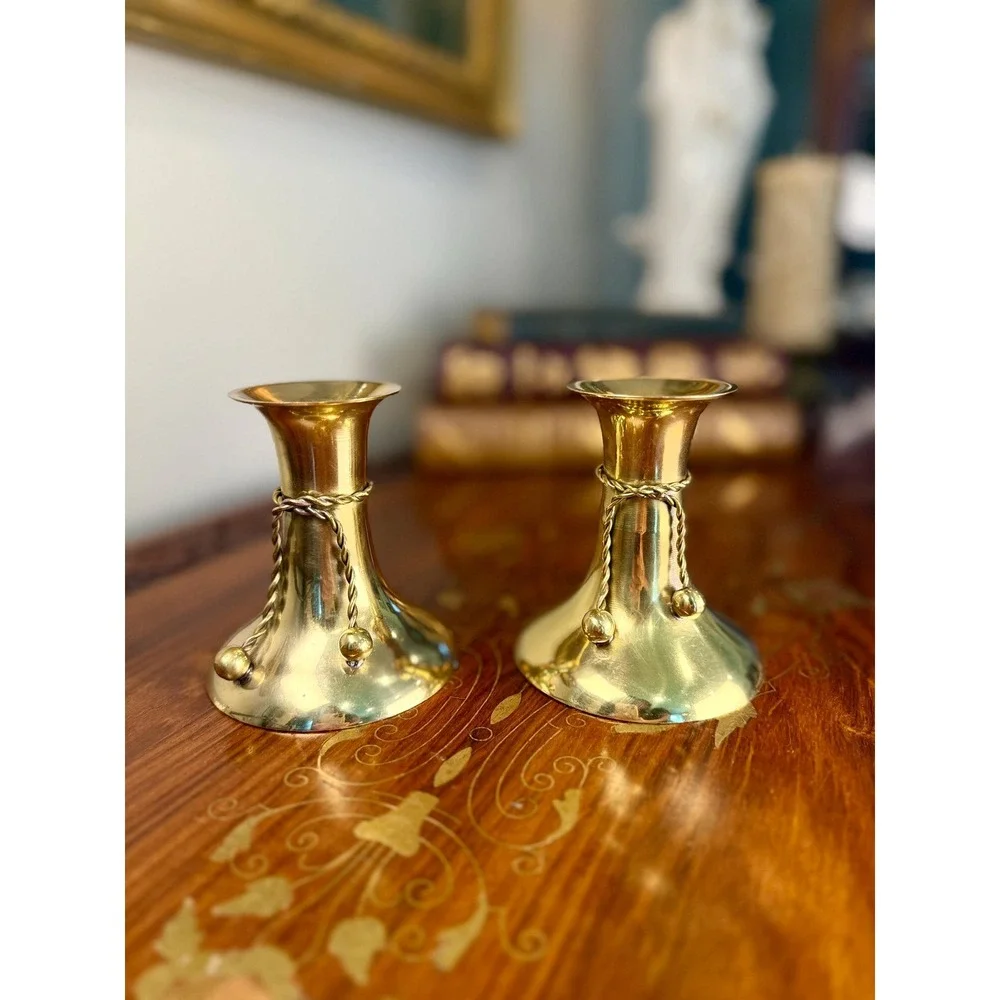 Vintage Brass Candlestick Pair • Tassel Taper Candle Holders